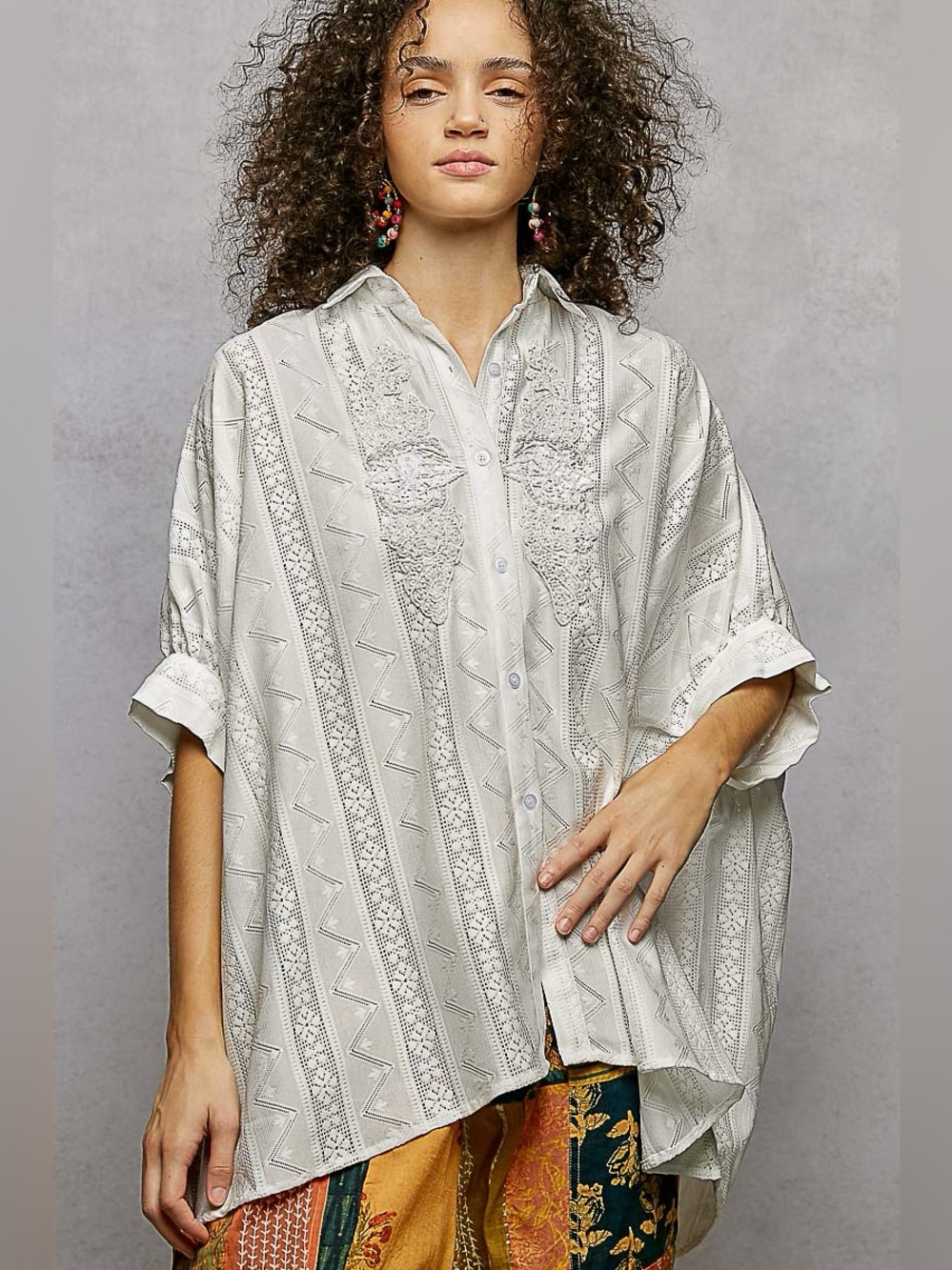 NEW POL Boho Lace Trim Point Half Sleeve Relaxed Fit Shirt Button Down